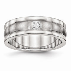 Stainless Steel Polished and Brushed Grooved CZ Ring