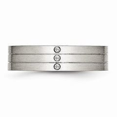 Stainless Steel Brushed Grooved Three CZ Ring