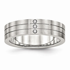 Stainless Steel Brushed Grooved Three CZ Ring