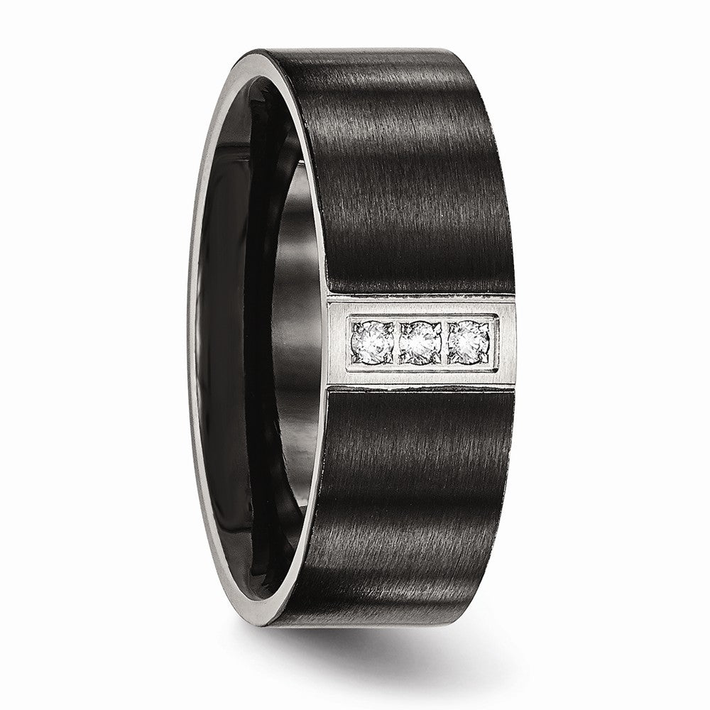 Stainless Steel Brushed Black IP Flat Three CZ Ring