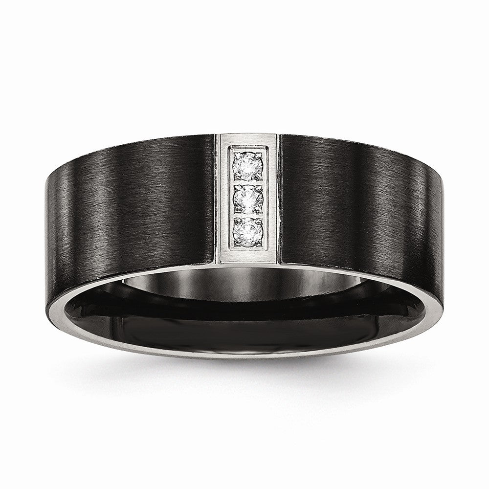 Stainless Steel Brushed Black IP Flat Three CZ Ring