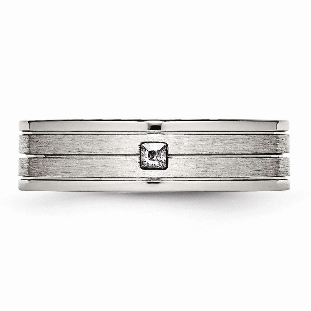 Stainless Steel Brushed and Polished Grooved CZ Ring