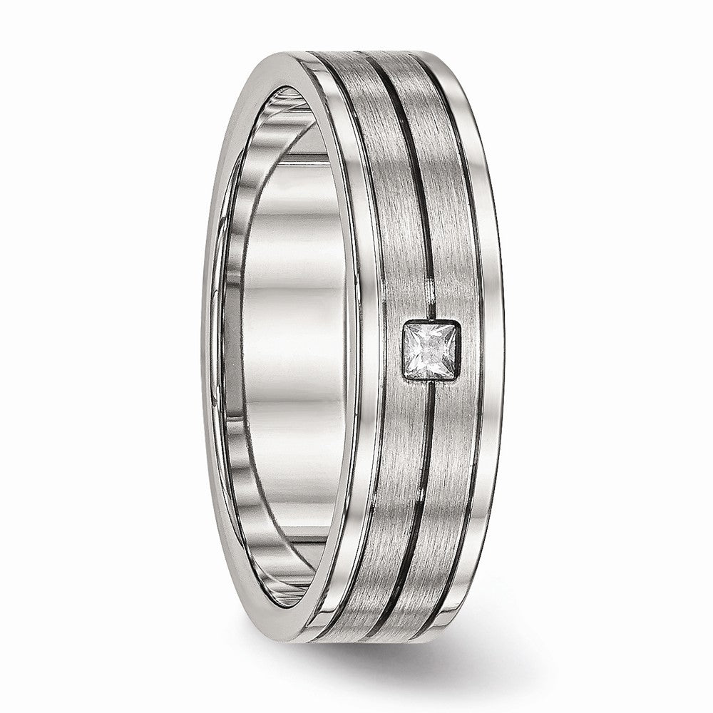 Sophia Jewelers Stainless Steel Grooved CZ Wedding Band with Polished Brushed Finish