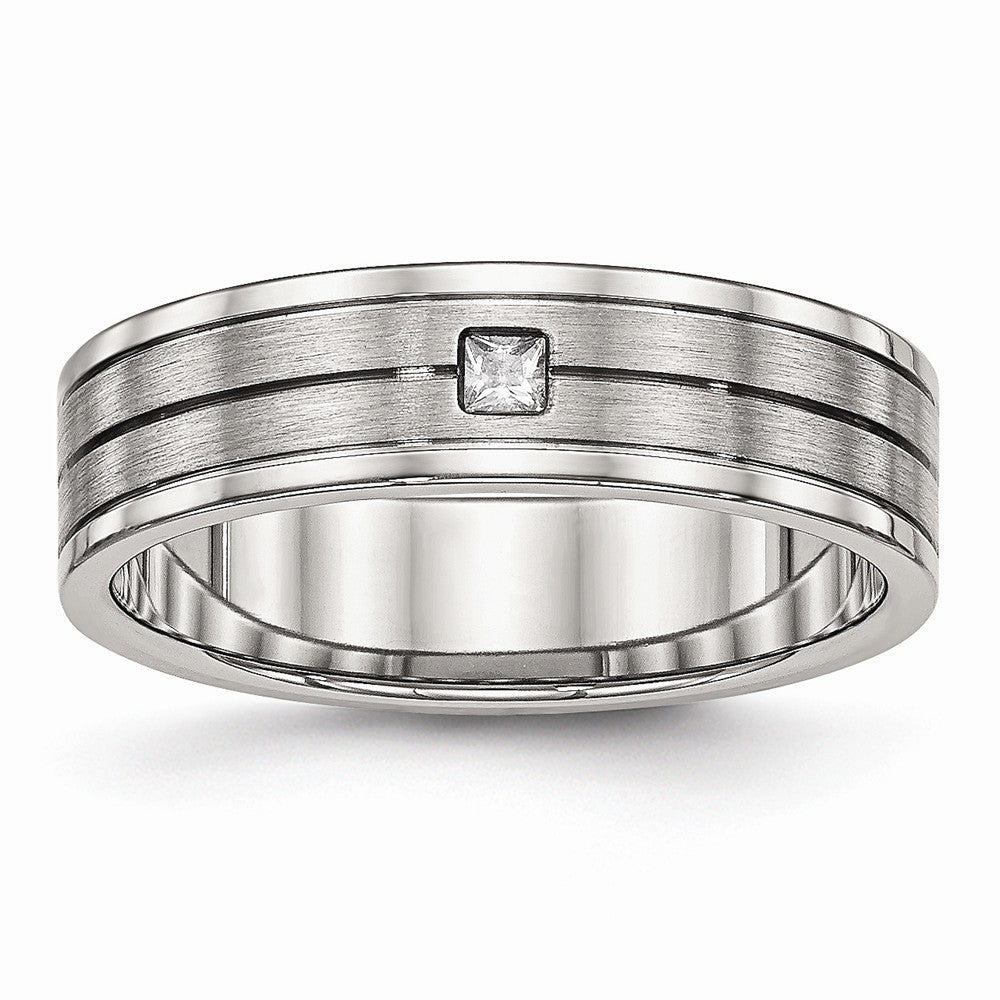 Sophia Jewelers Stainless Steel Grooved CZ Wedding Band with Polished Brushed Finish