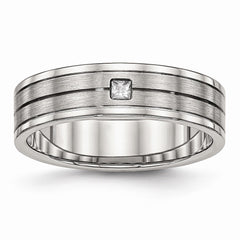 Stainless Steel Brushed and Polished Grooved CZ Ring