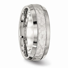 Stainless Steel Wedding Band with Brushed and Polished Hammered Finish