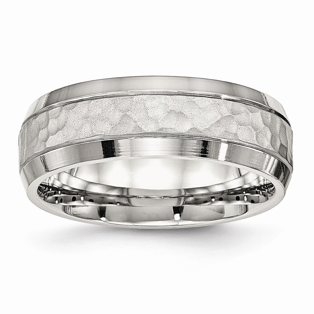 Stainless Steel Wedding Band with Brushed and Polished Hammered Finish