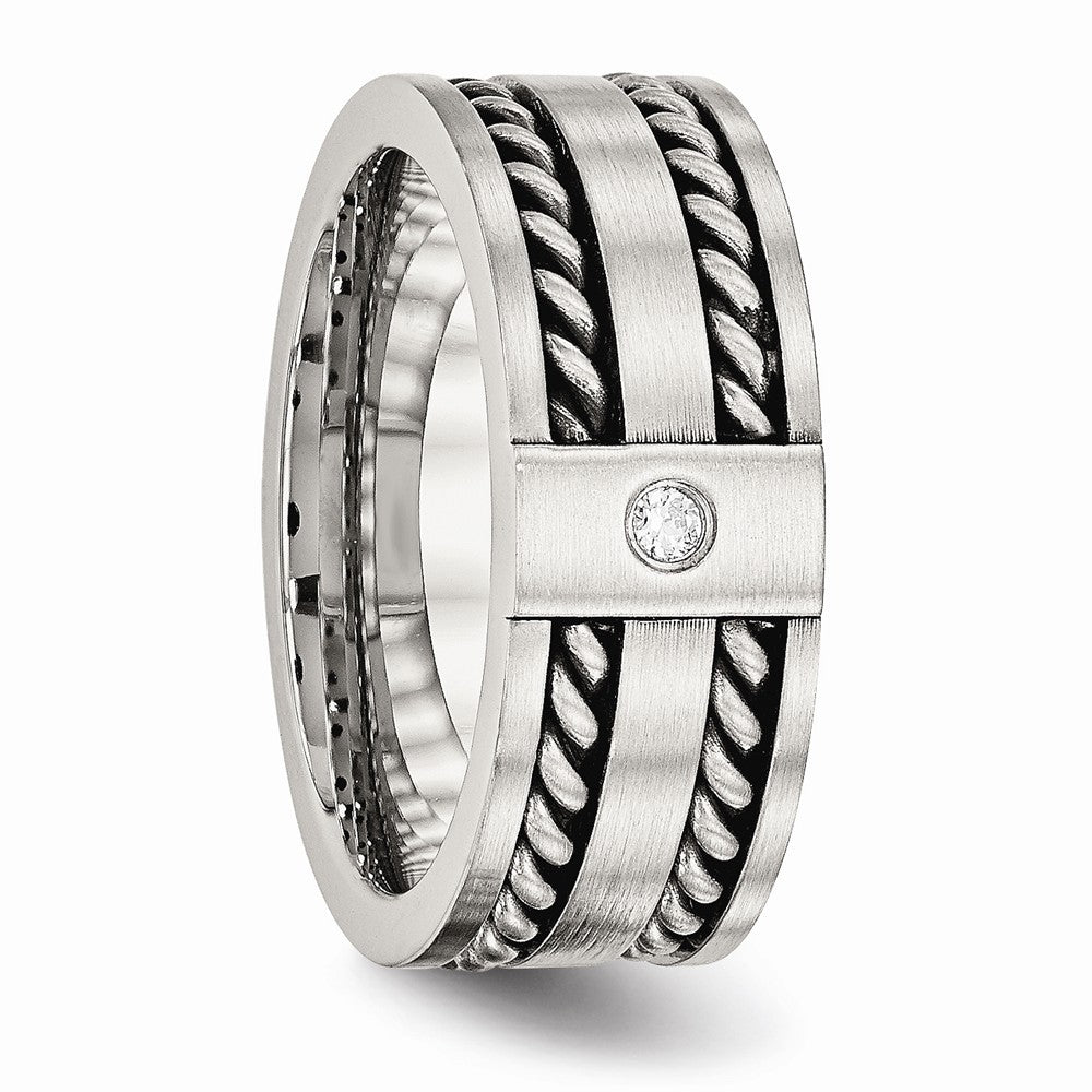 Stainless Steel Wedding Band with Antiqued Brushed CZ Twisted Design