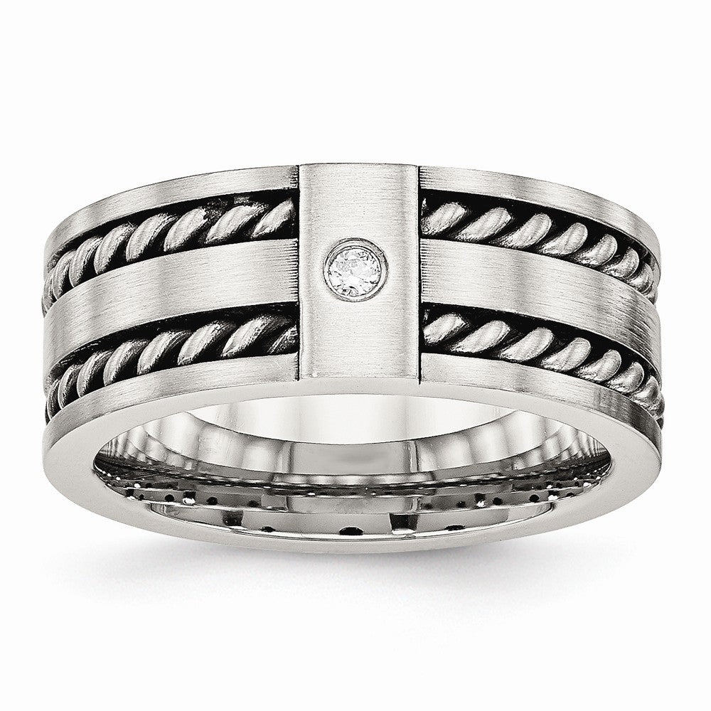 Stainless Steel Wedding Band with Antiqued Brushed CZ Twisted Design