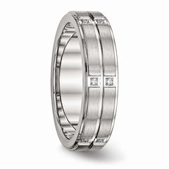 Stainless Steel Wedding Band with CZ and Grooved Polished Finish