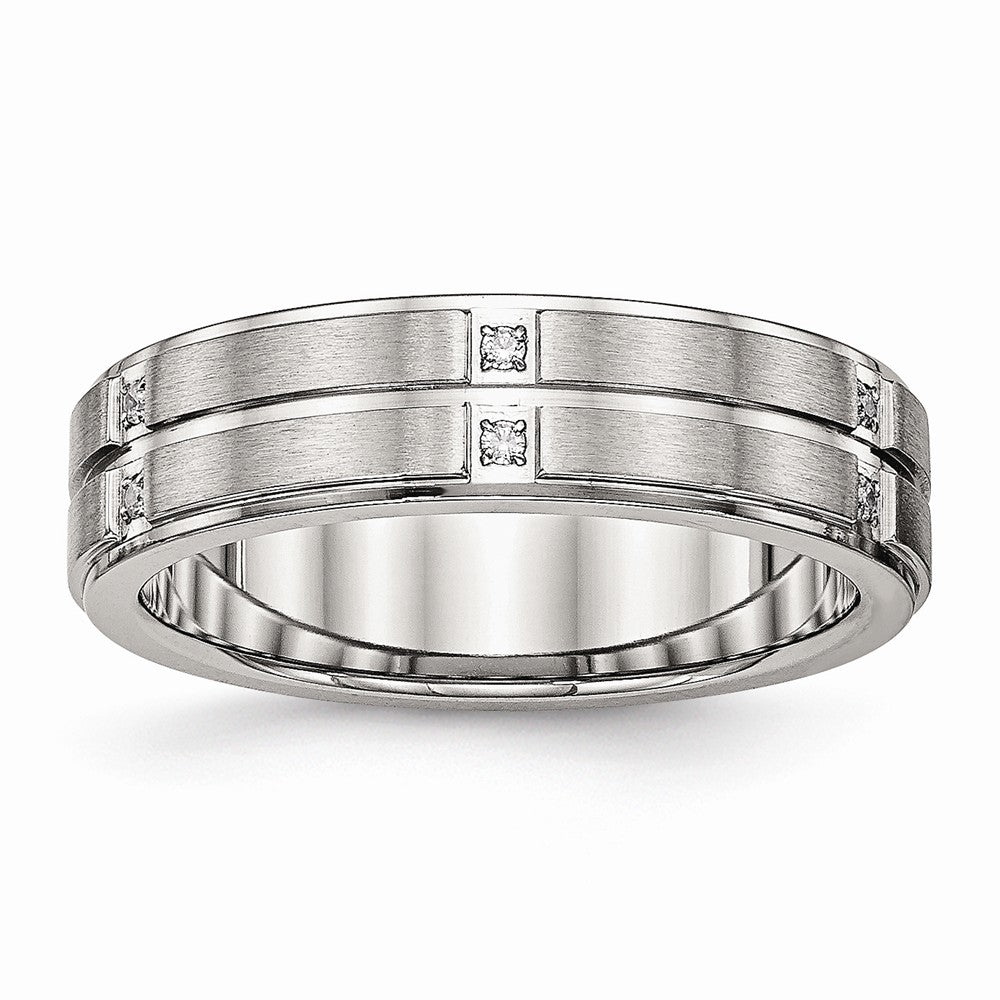 Stainless Steel Wedding Band with CZ and Grooved Polished Finish