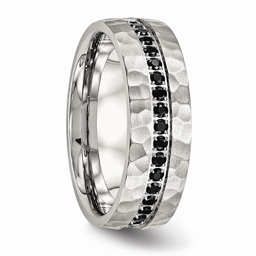 Sophia Jewelers Stainless Steel Wedding Band with Black CZ Hammered Design