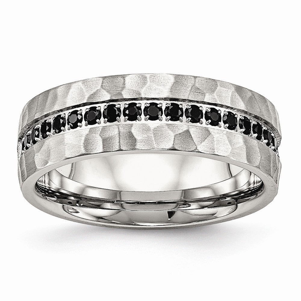 Sophia Jewelers Stainless Steel Wedding Band with Black CZ Hammered Design