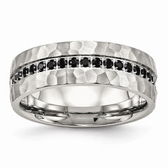 Sophia Jewelers Stainless Steel Wedding Band with Black CZ Hammered Design