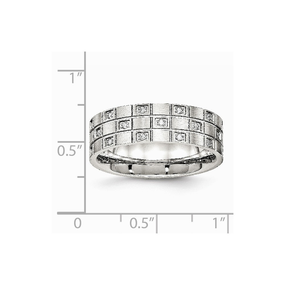 Stainless Steel Brushed Grooved CZ Ring