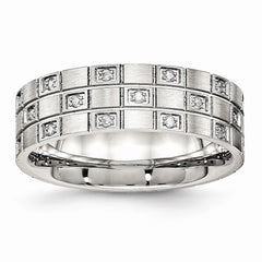 Stainless Steel Brushed Grooved CZ Ring