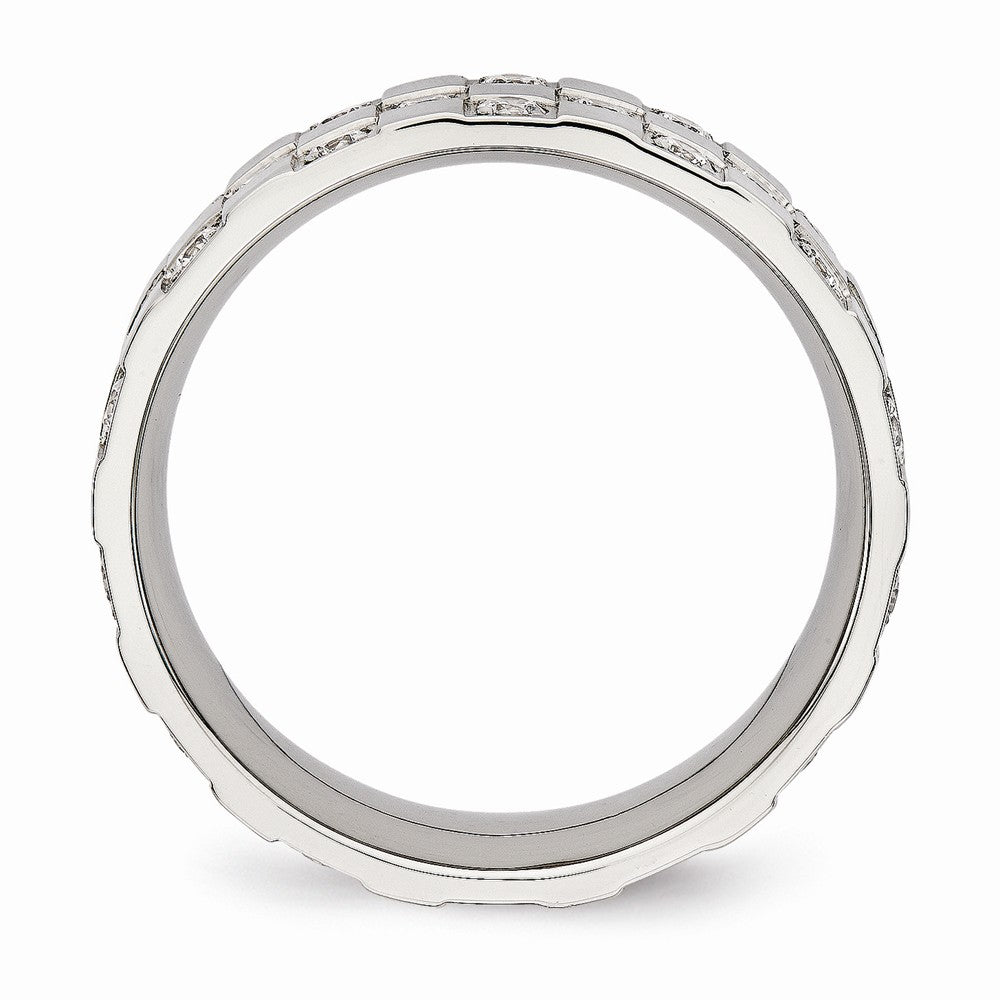 Stainless Steel Wedding Band with Polished CZ Checkered Design