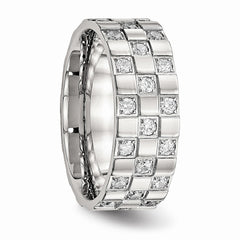 Stainless Steel Wedding Band with Polished CZ Checkered Design