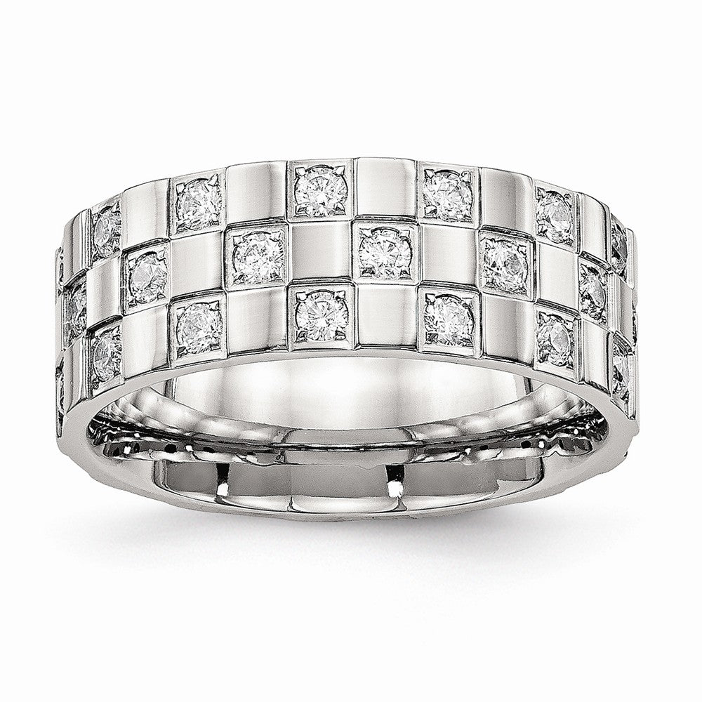 Stainless Steel Wedding Band with Polished CZ Checkered Design