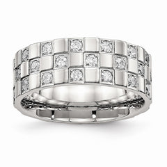 Stainless Steel Wedding Band with Polished CZ Checkered Design