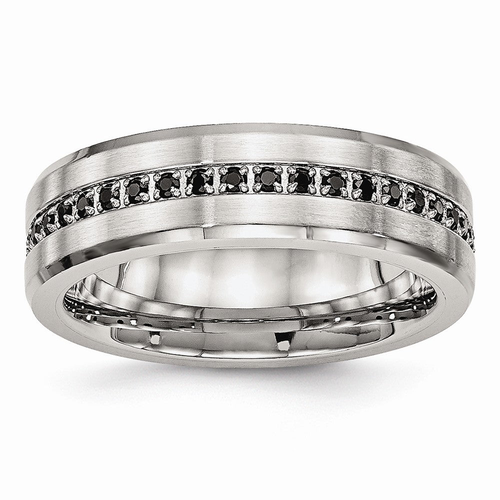 Stainless Steel Wedding Band with Brushed Finish and Black CZ Elegance