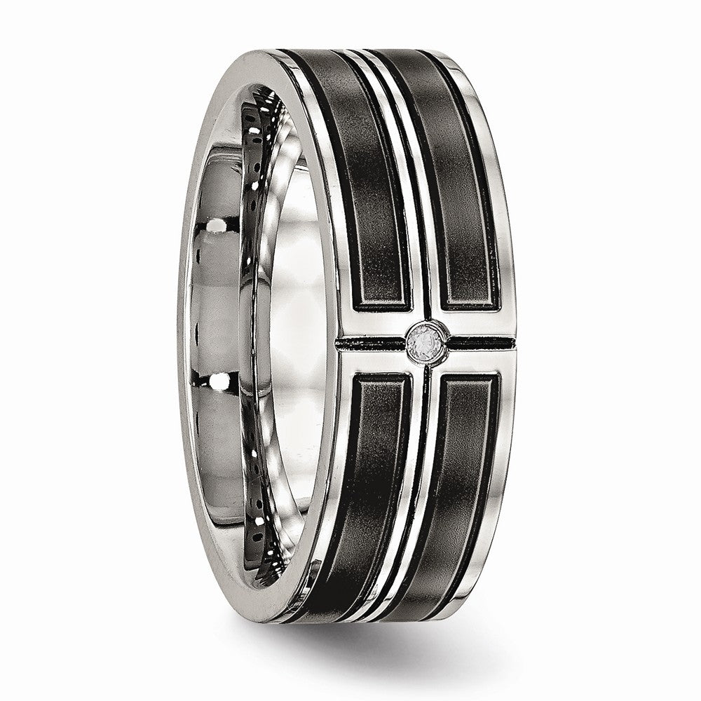 Stainless Steel Black IP Plated CZ Wedding Band with Polished Brushed Finish