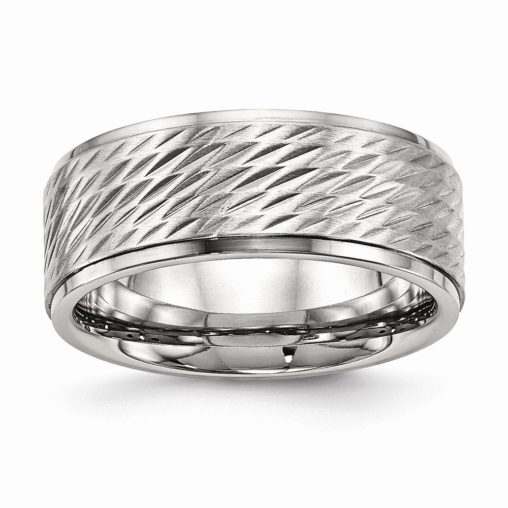 Stainless Steel Wedding Band with Brushed Center and Ridged Edge