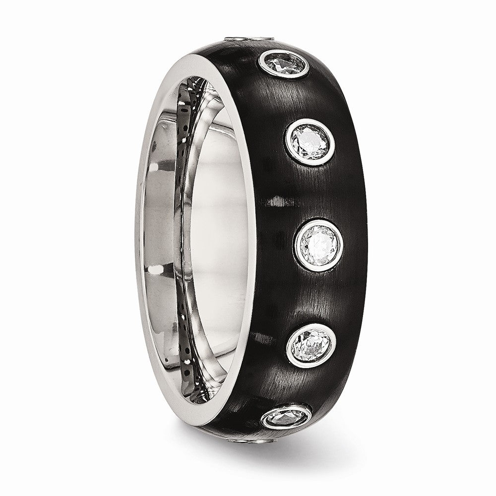 Stainless Steel Brushed and Polished Black IP CZ Half Round Ring