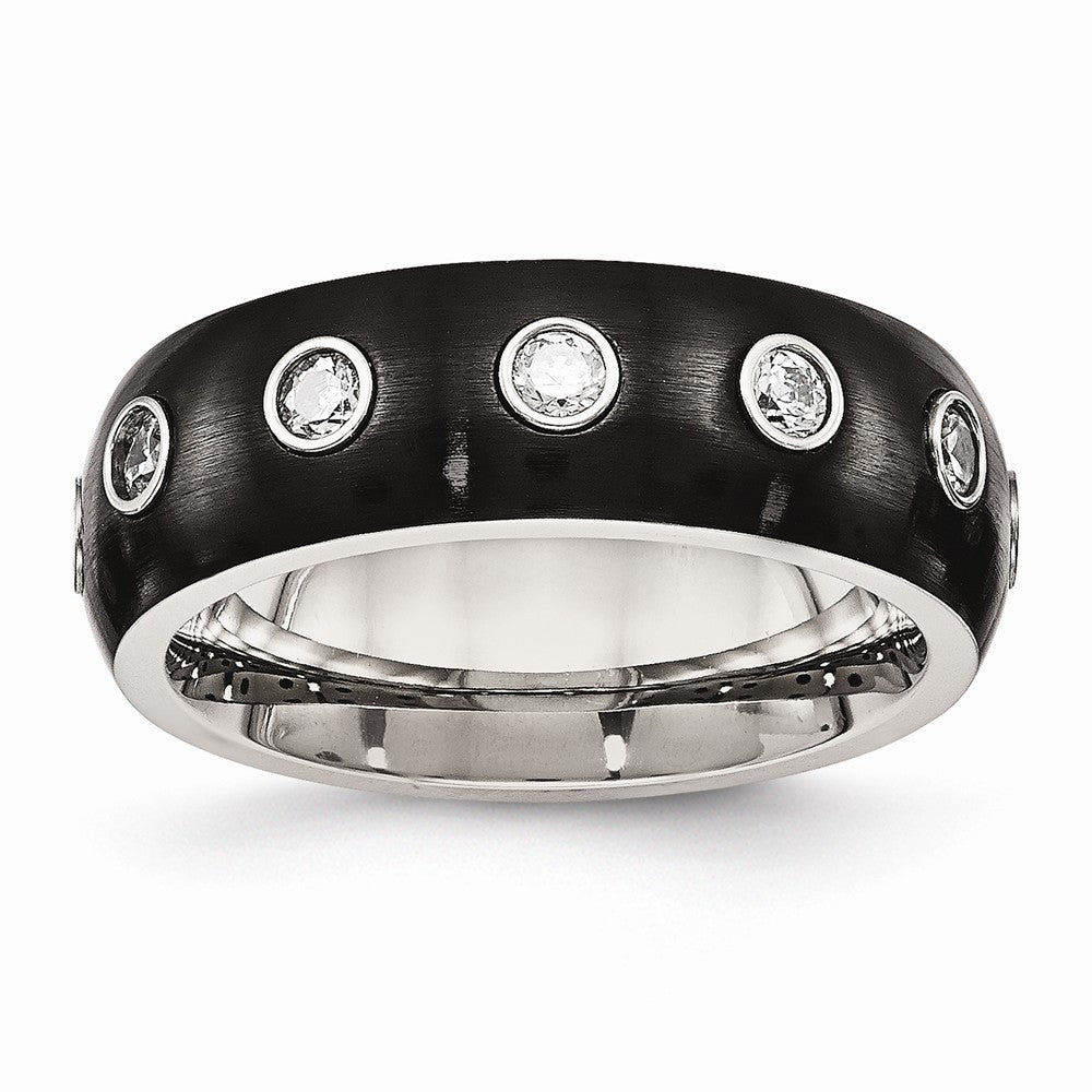 Stainless Steel Brushed and Polished Black IP CZ Half Round Ring