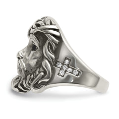 Stainless Steel Antiqued and Polished with Black and White Crystal Jesus Ring