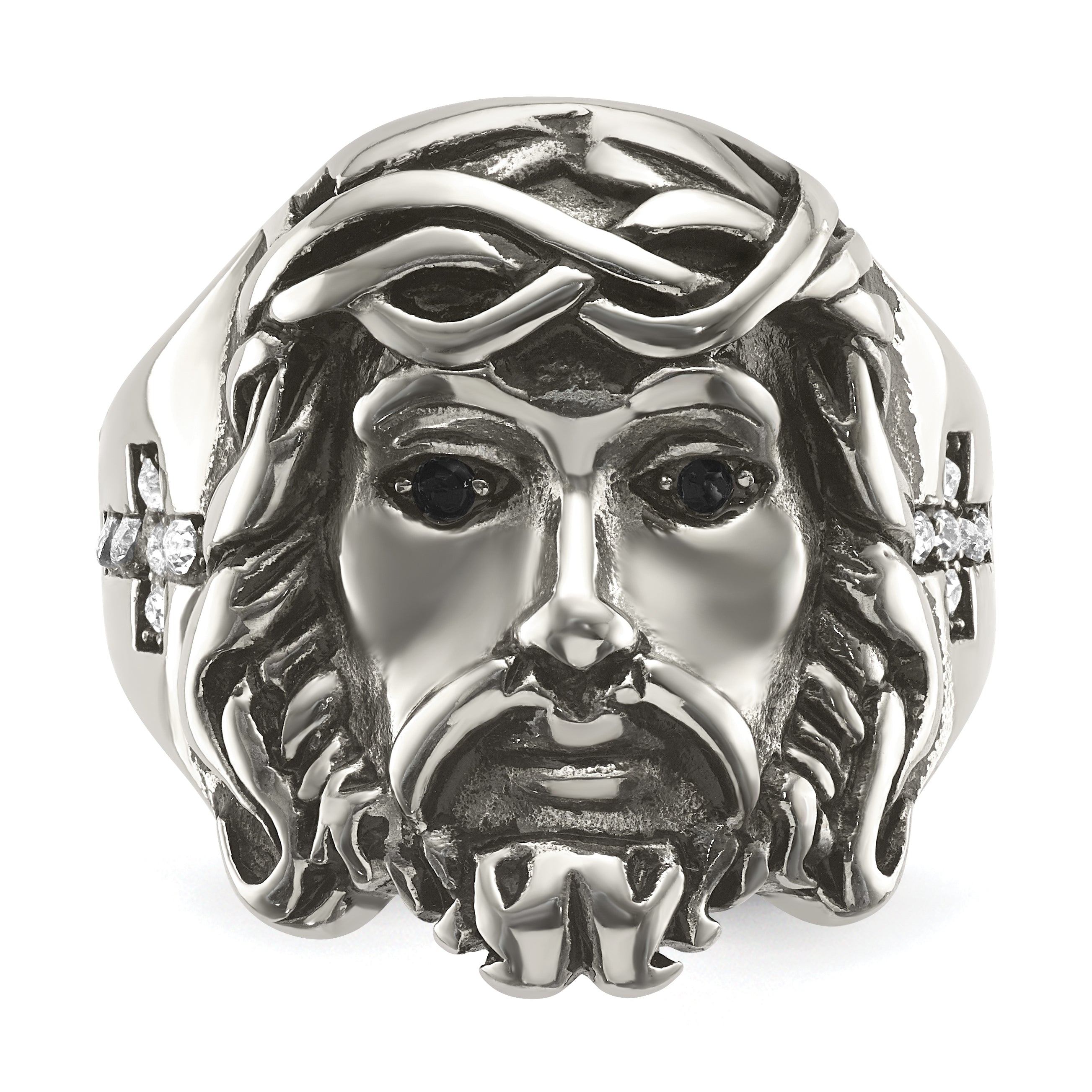 Stainless Steel Antiqued and Polished with Black and White Crystal Jesus Ring