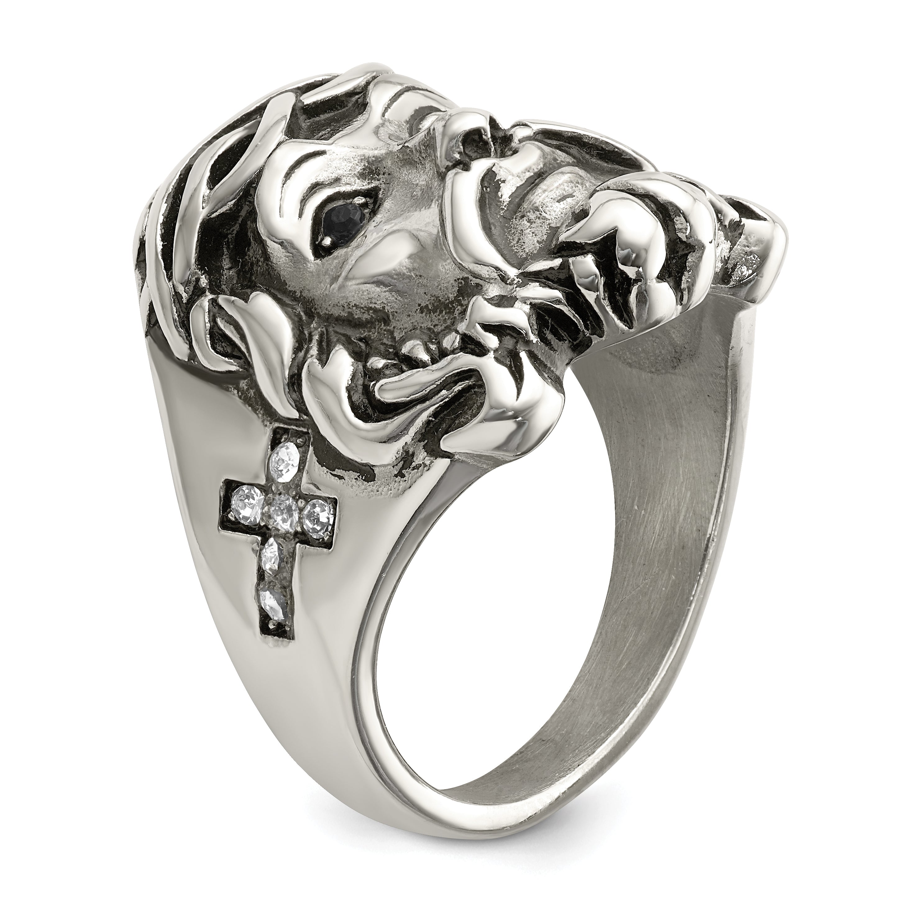 Stainless Steel Antiqued and Polished with Black and White Crystal Jesus Ring