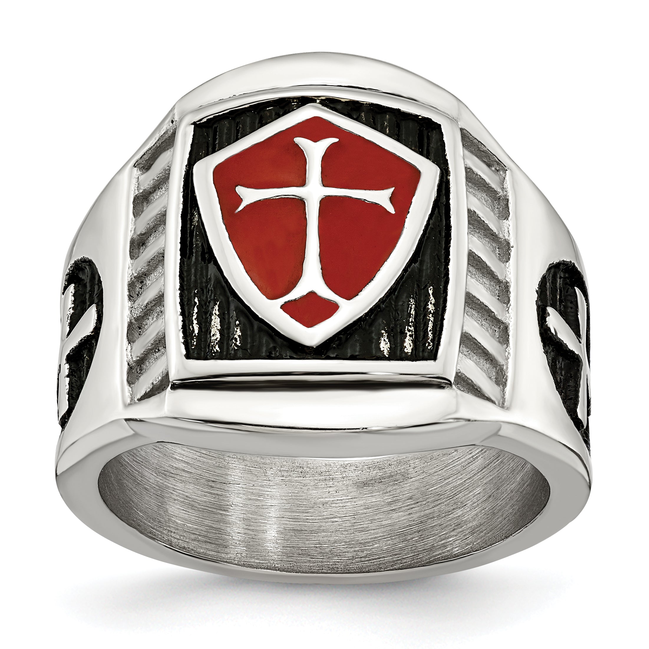 Stainless Steel Antiqued and Polished with Red Enamel Cross and Shield Ring