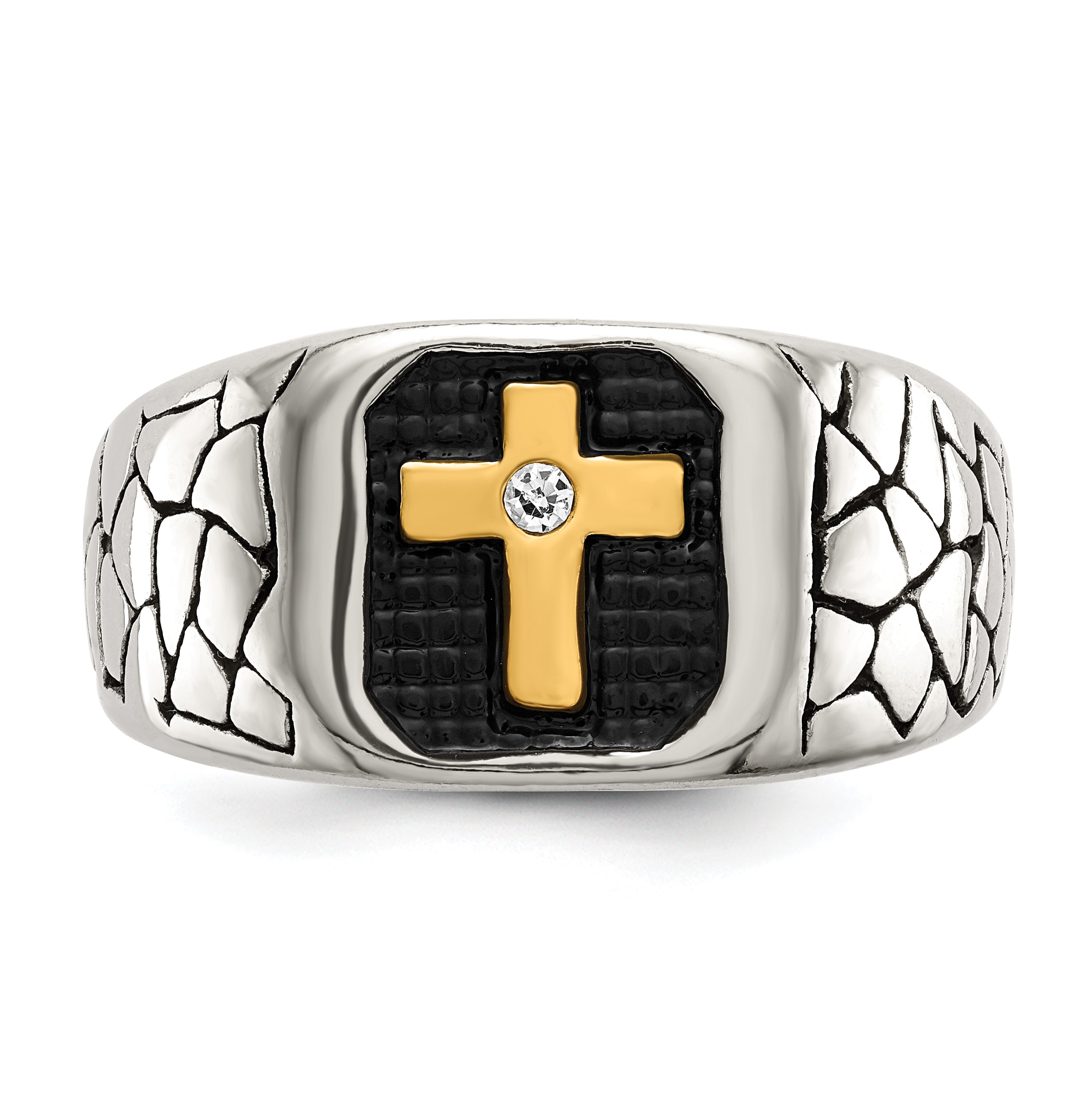 Stainless Steel Antiqued and Polished Yellow IP-plated with Crystal Cross Ring