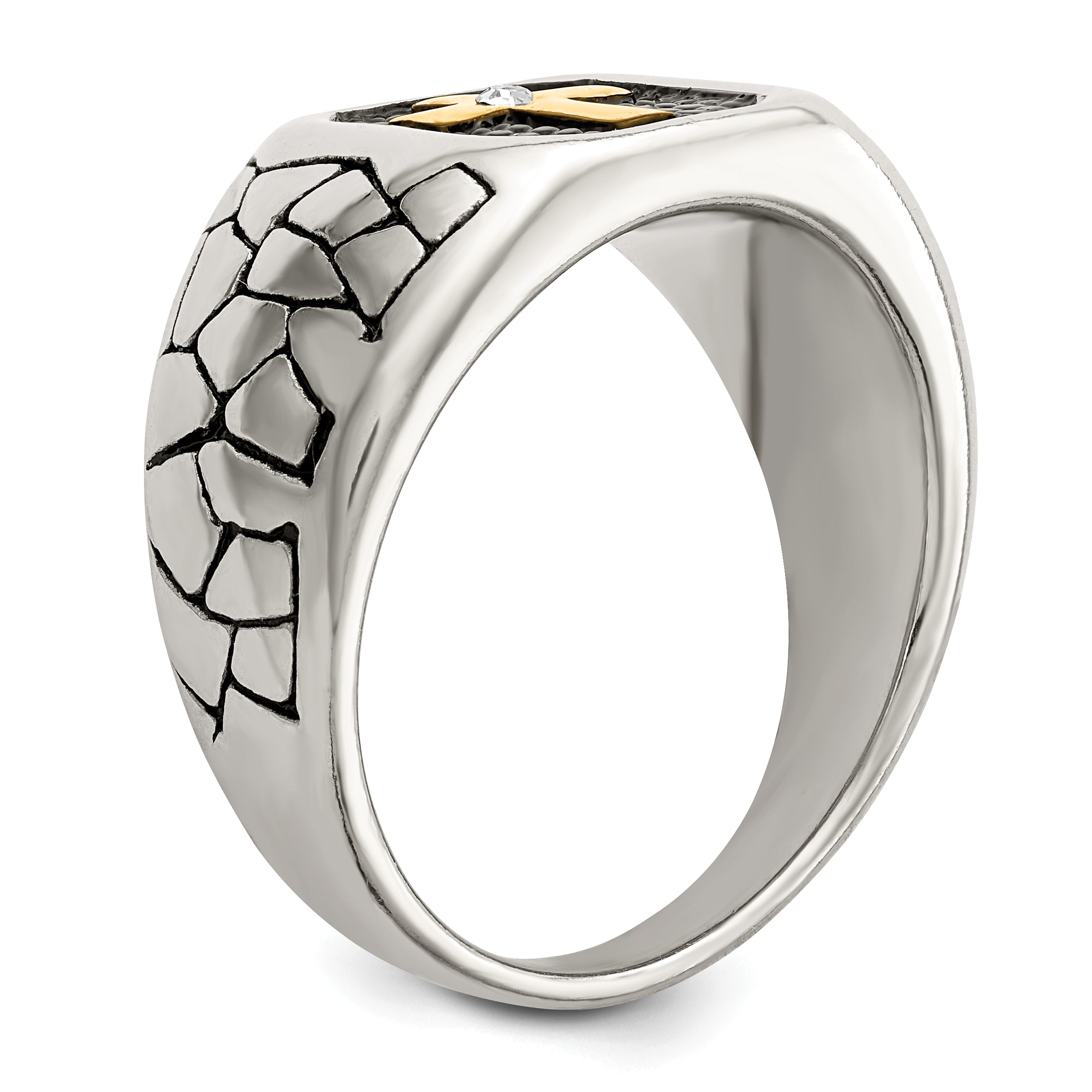 Stainless Steel Antiqued and Polished Yellow IP-plated with Crystal Cross Ring