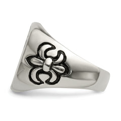 Stainless Steel Antiqued and Polished Fleur de Lis Cross Ring