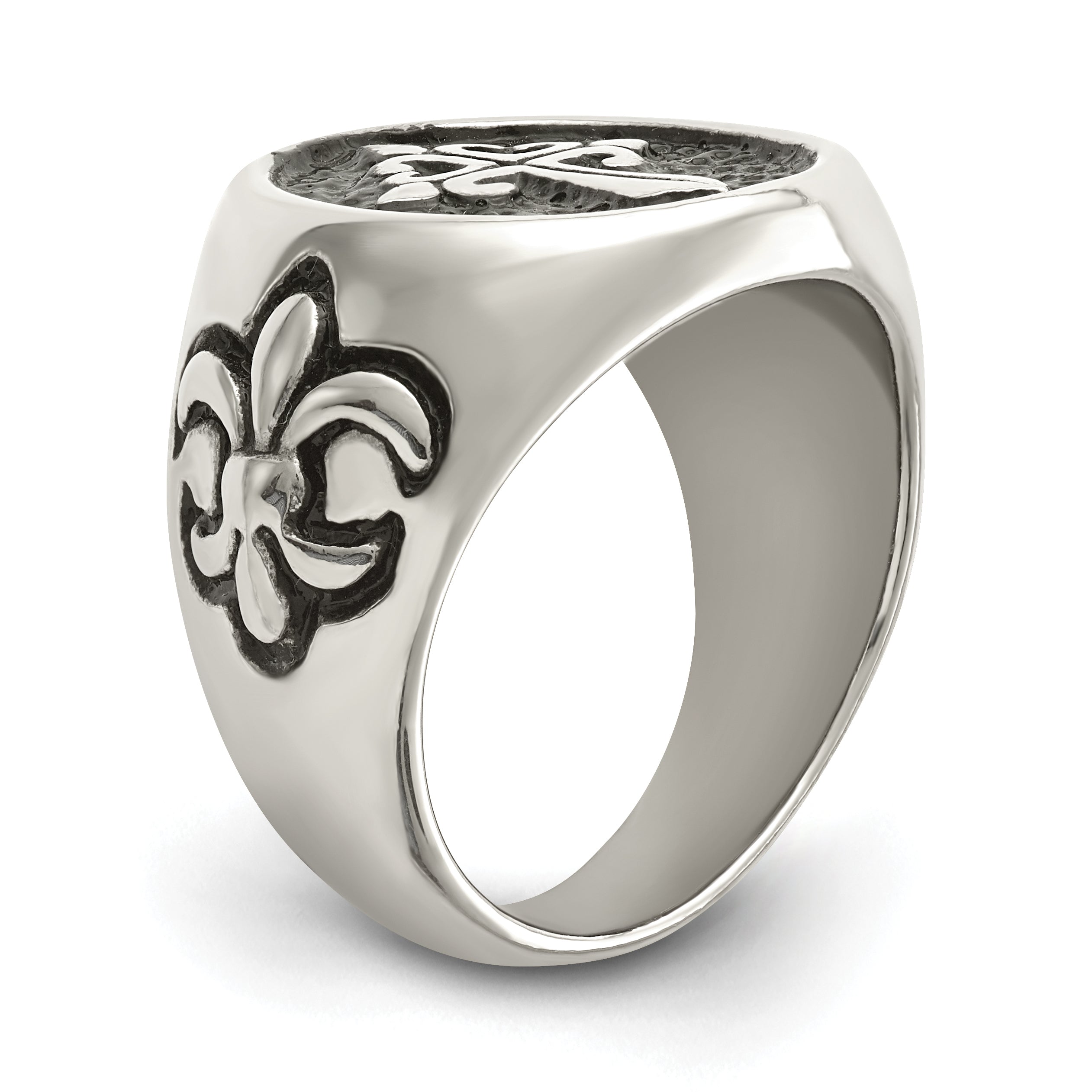 Stainless Steel Antiqued and Polished Fleur de Lis Cross Ring