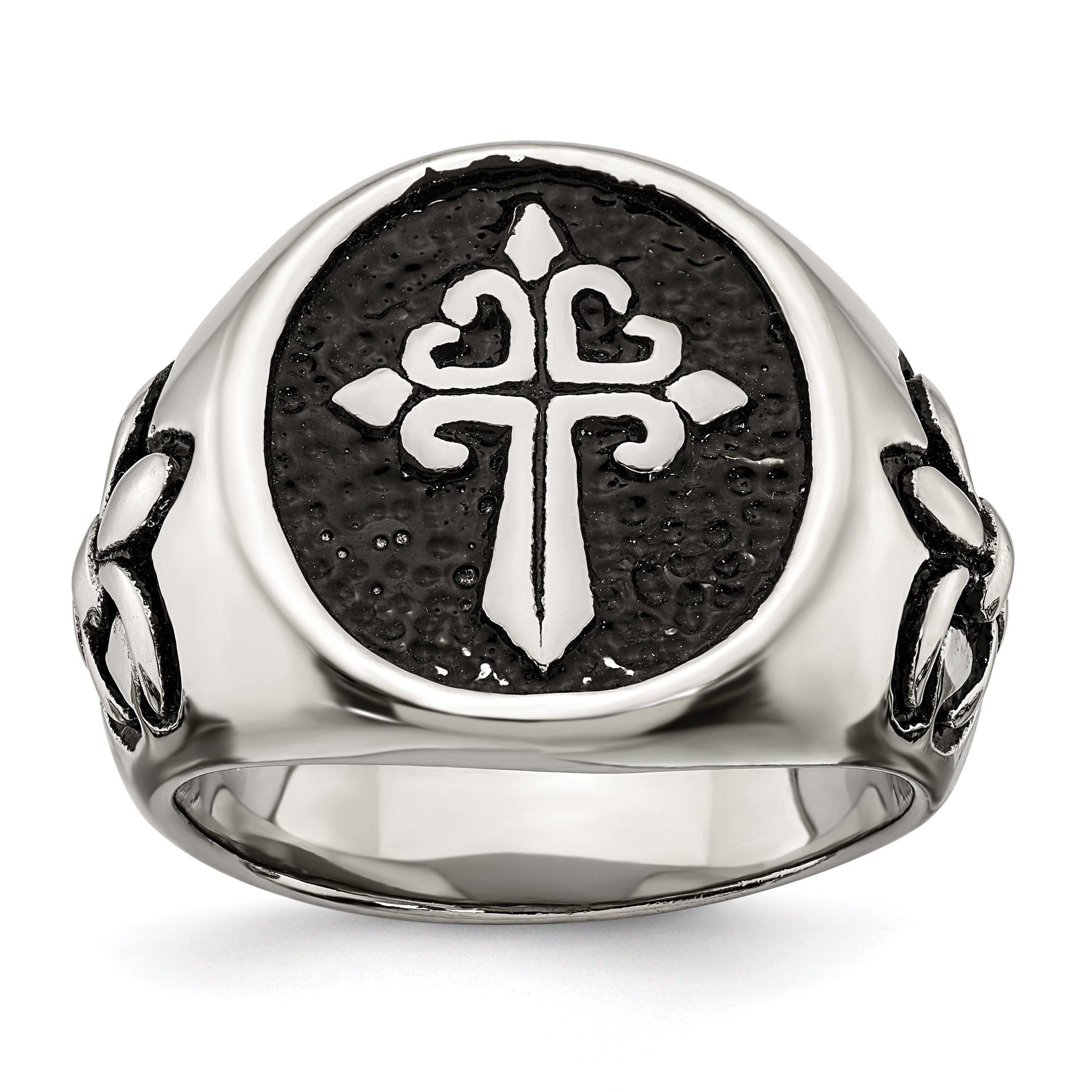 Stainless Steel Antiqued and Polished Fleur de Lis Cross Ring