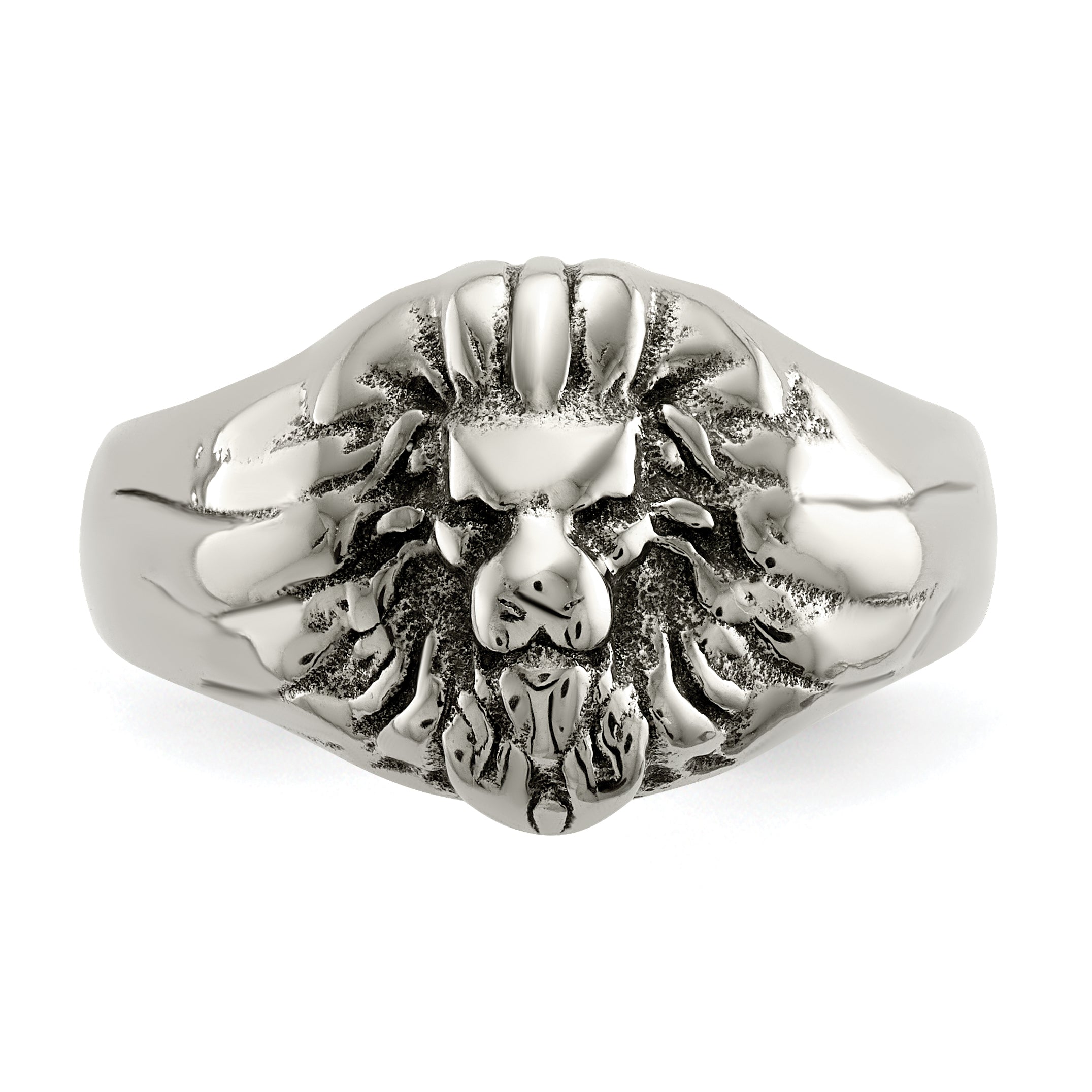 Stainless Steel Antiqued and Polished Lion Head Ring