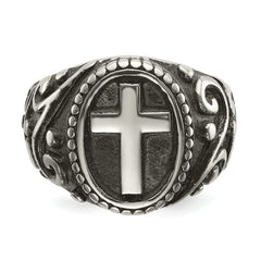 Stainless Steel Antiqued and Polished Cross Ring