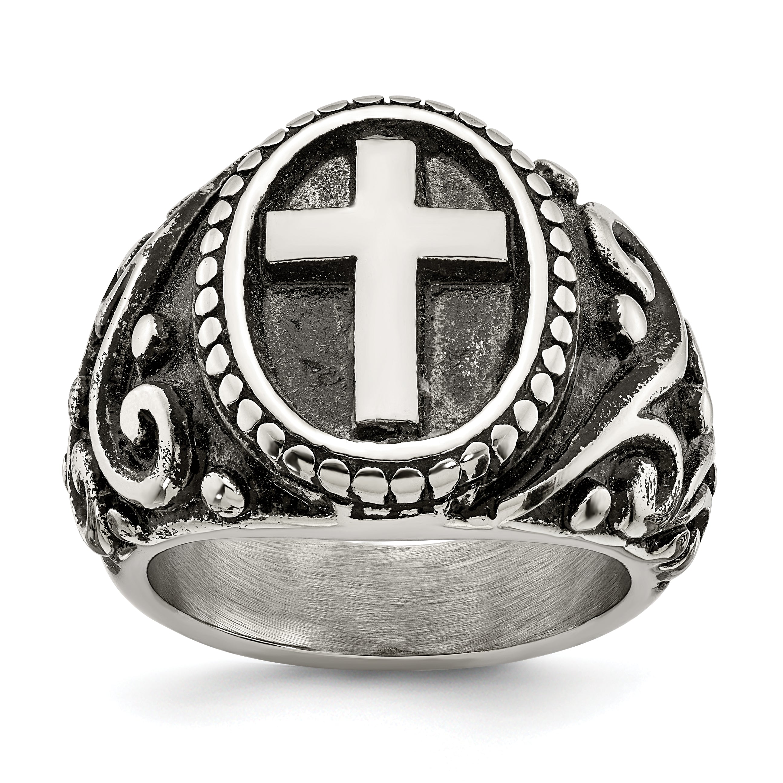 Stainless Steel Antiqued and Polished Cross Ring