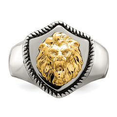 Stainless Steel with 14k Gold Accent Antiqued and Polished Lion on Shield Ring