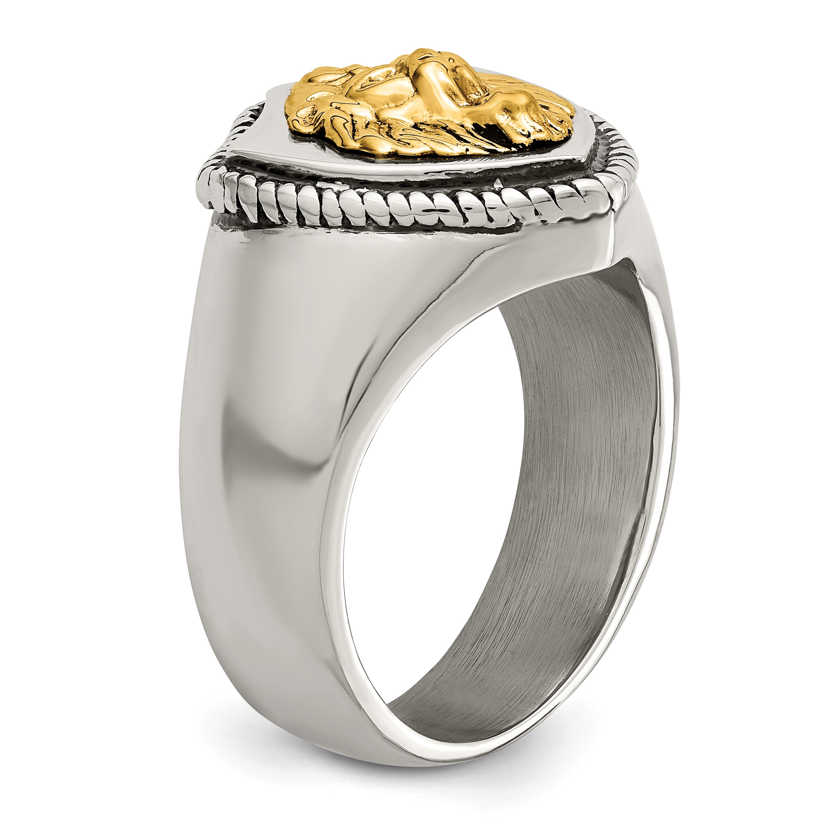 Stainless Steel with 14k Gold Accent Antiqued and Polished Lion on Shield Ring