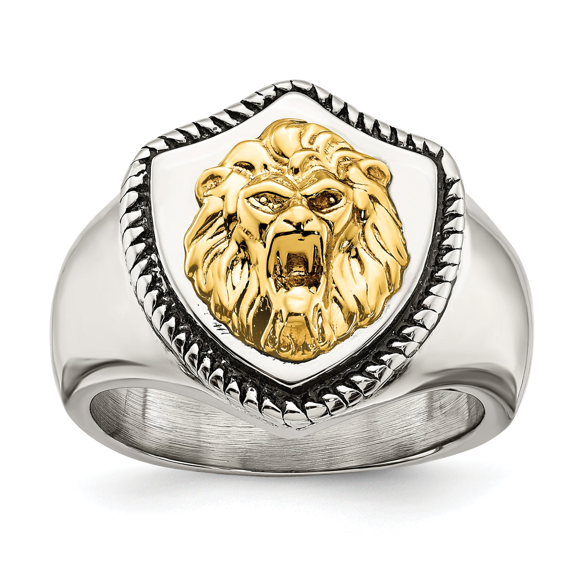 Stainless Steel with 14k Gold Accent Antiqued and Polished Lion on Shield Ring