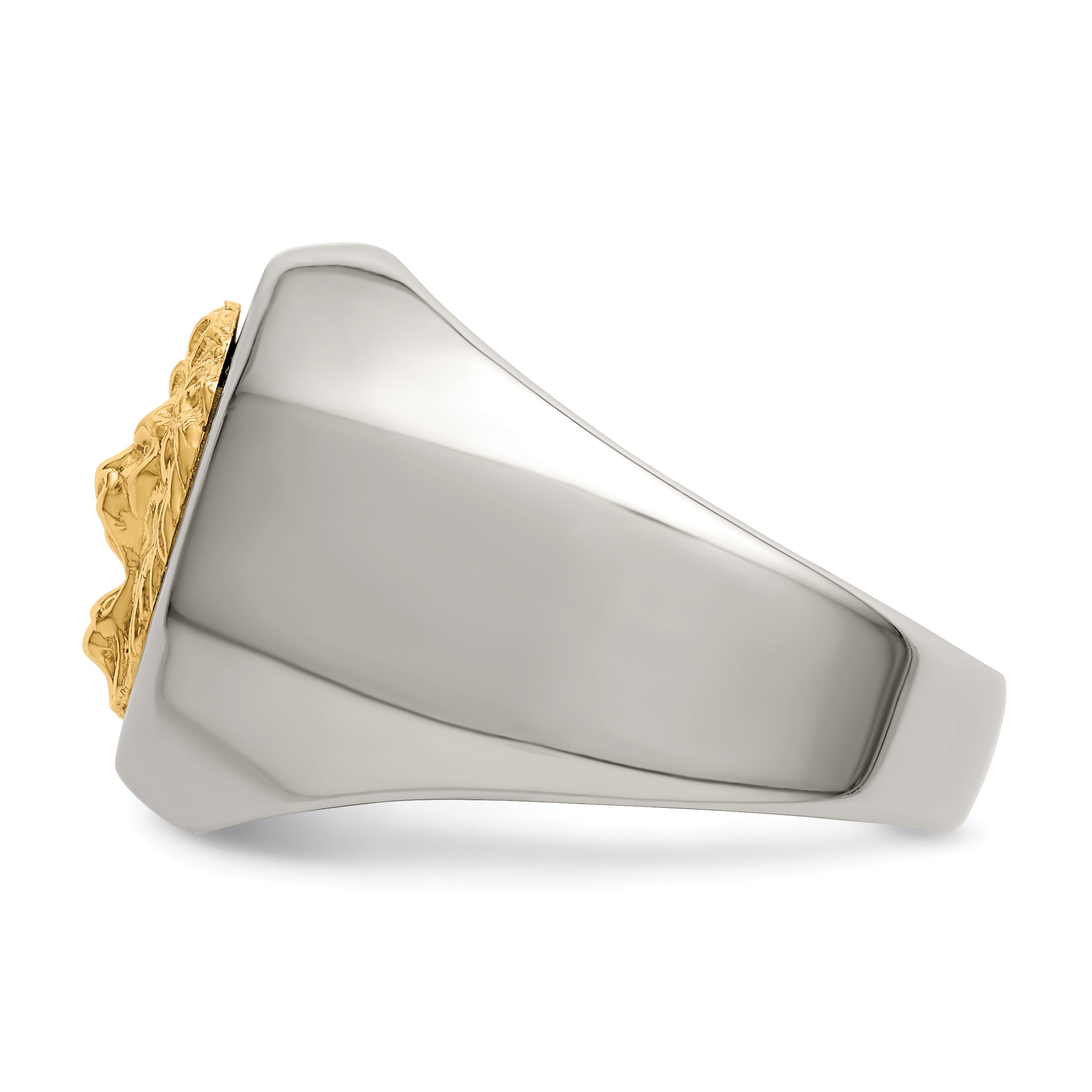 Stainless Steel with 14k Gold Accent Polished Lion Head Ring