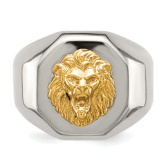 Stainless Steel with 14k Gold Accent Polished Lion Head Ring