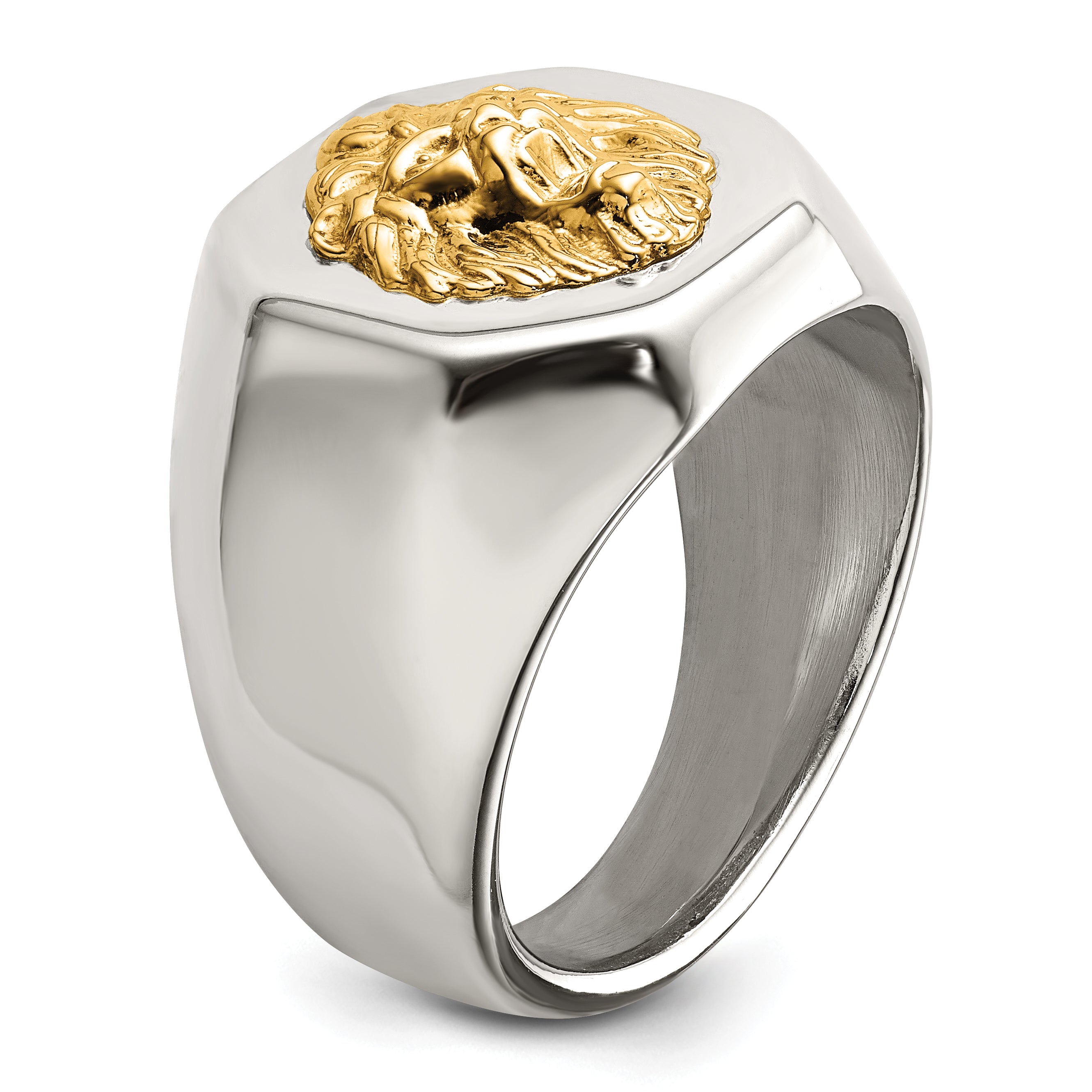 Stainless Steel with 14k Gold Accent Polished Lion Head Ring