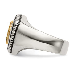 Stainless Steel with 14k Gold Accent Antiqued and Polished Cross on Shield Ring