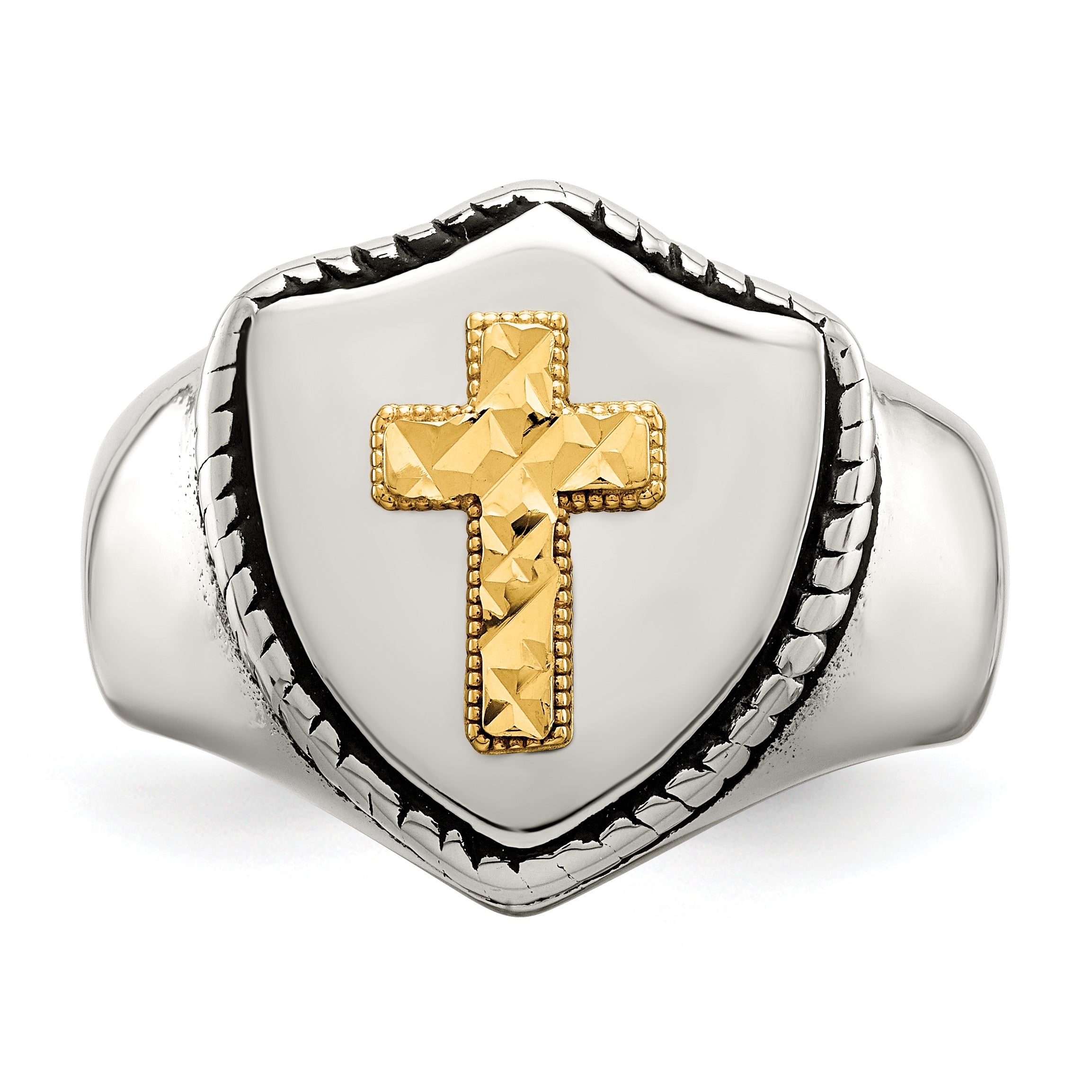 Stainless Steel with 14k Gold Accent Antiqued and Polished Cross on Shield Ring