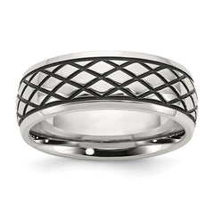 Stainless Steel Antiqued and Polished Checkered Pattern 8mm Band